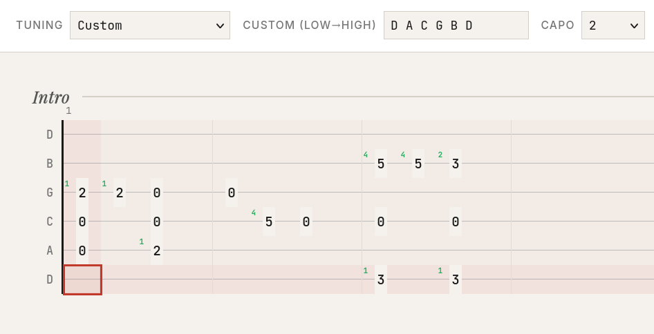 Tabify editor with a finished arrangement in custom tuning